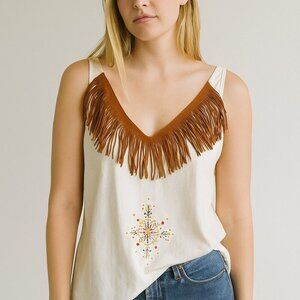 Vintage Sleeveless Top Size XL Beige White Boho Fringe Beads Western Festival